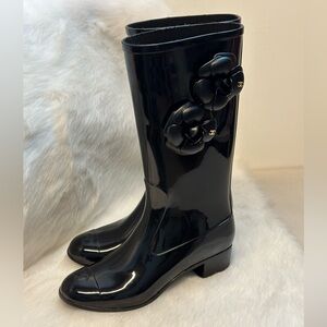 Auth Chanel Rain Boots with Floral Detail